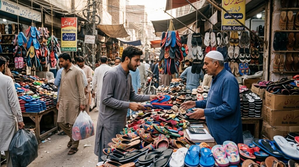 پاکستان کی ہول سیل مارکیٹ میں مختلف اقسام کی چپلیں