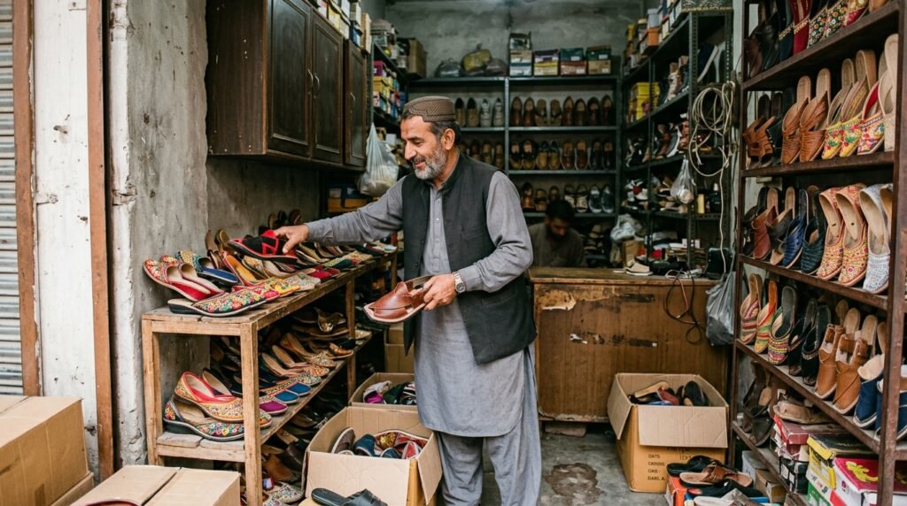 "پاکستانی دکاندار چپلوں کا کارٹن کھول کر مال ترتیب دیتے ہوئے"