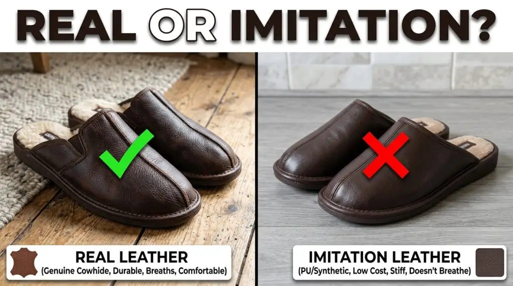 "Magnifying glass examining genuine leather chappal texture to identify real vs fake leather"