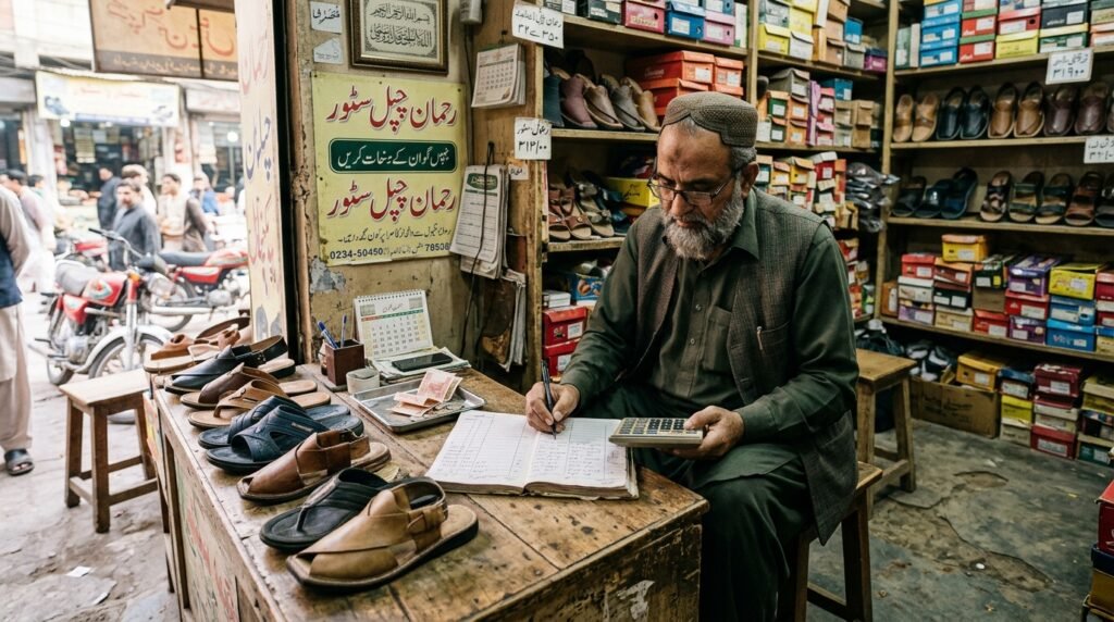 "دکاندار چپل کی خرید و فروخت قیمت کا حساب لگاتے ہوئے"