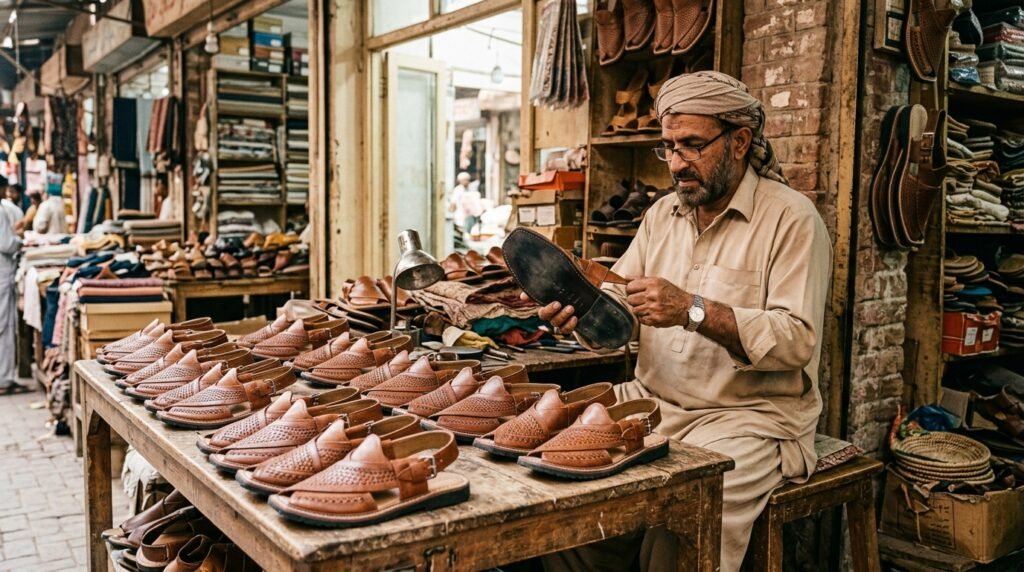 "دکاندار چپل کے مختلف جوڑوں کا معیار چیک کرتے ہوئے"